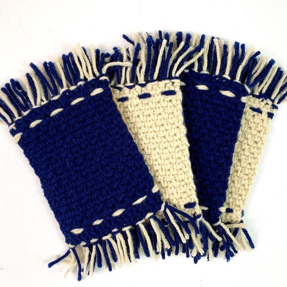Mug Rugs Coasters Handmade Crochet Navy Blue Beige Fringe Felt Back Set of 4 - Picture 10 of 10